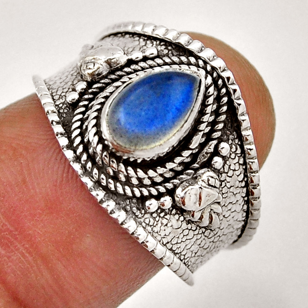 1.34cts solitaire natural blue labradorite pear 925 silver ring size 6.5 n42001