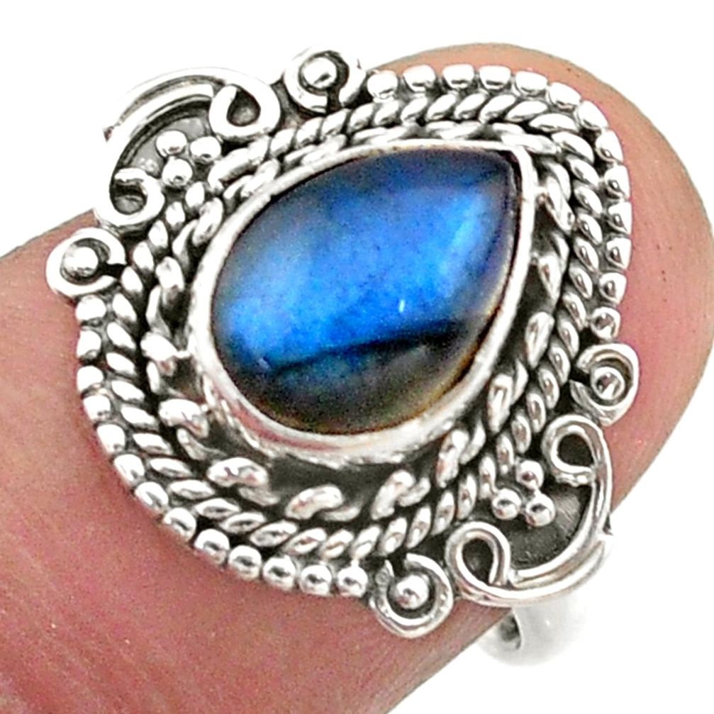2.41cts solitaire natural blue labradorite pear 925 silver ring size 7 t46176
