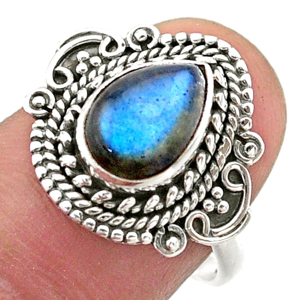 2.56cts solitaire natural blue labradorite pear 925 silver ring size 8 t46177