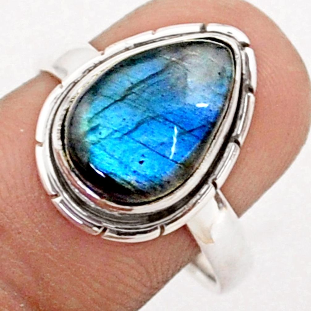 5.12cts solitaire natural blue labradorite pear 925 silver ring size 8 t80026