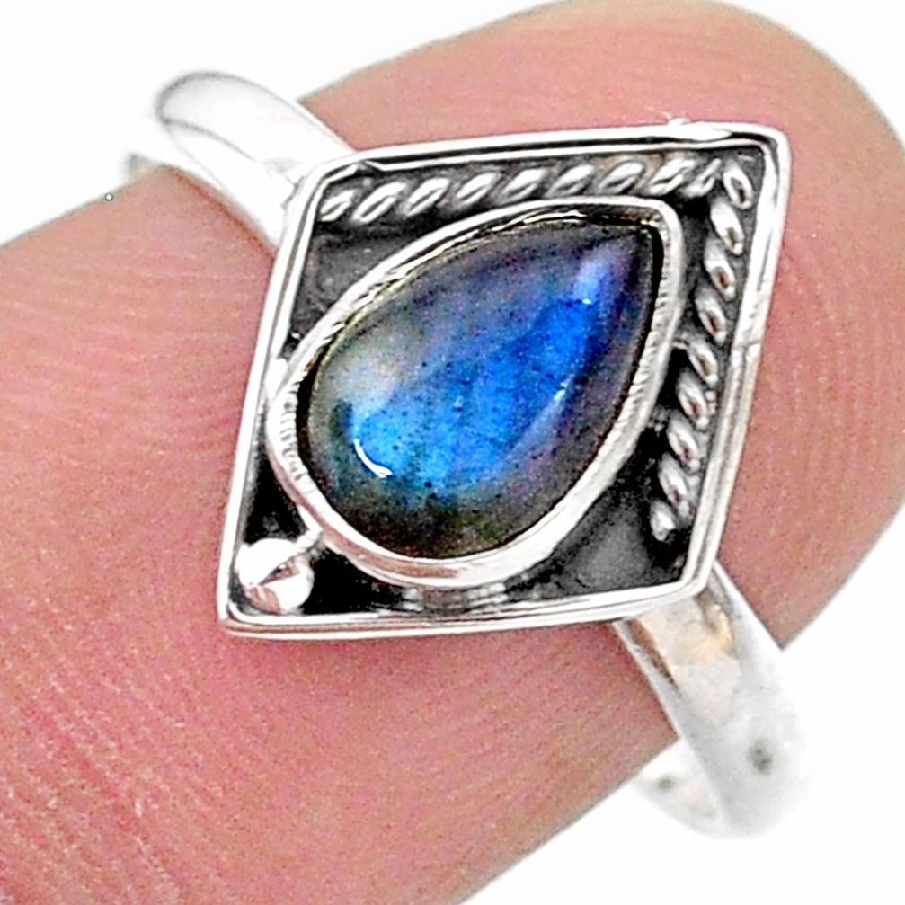 2.41cts solitaire natural blue labradorite pear 925 silver ring size 8.5 t28373
