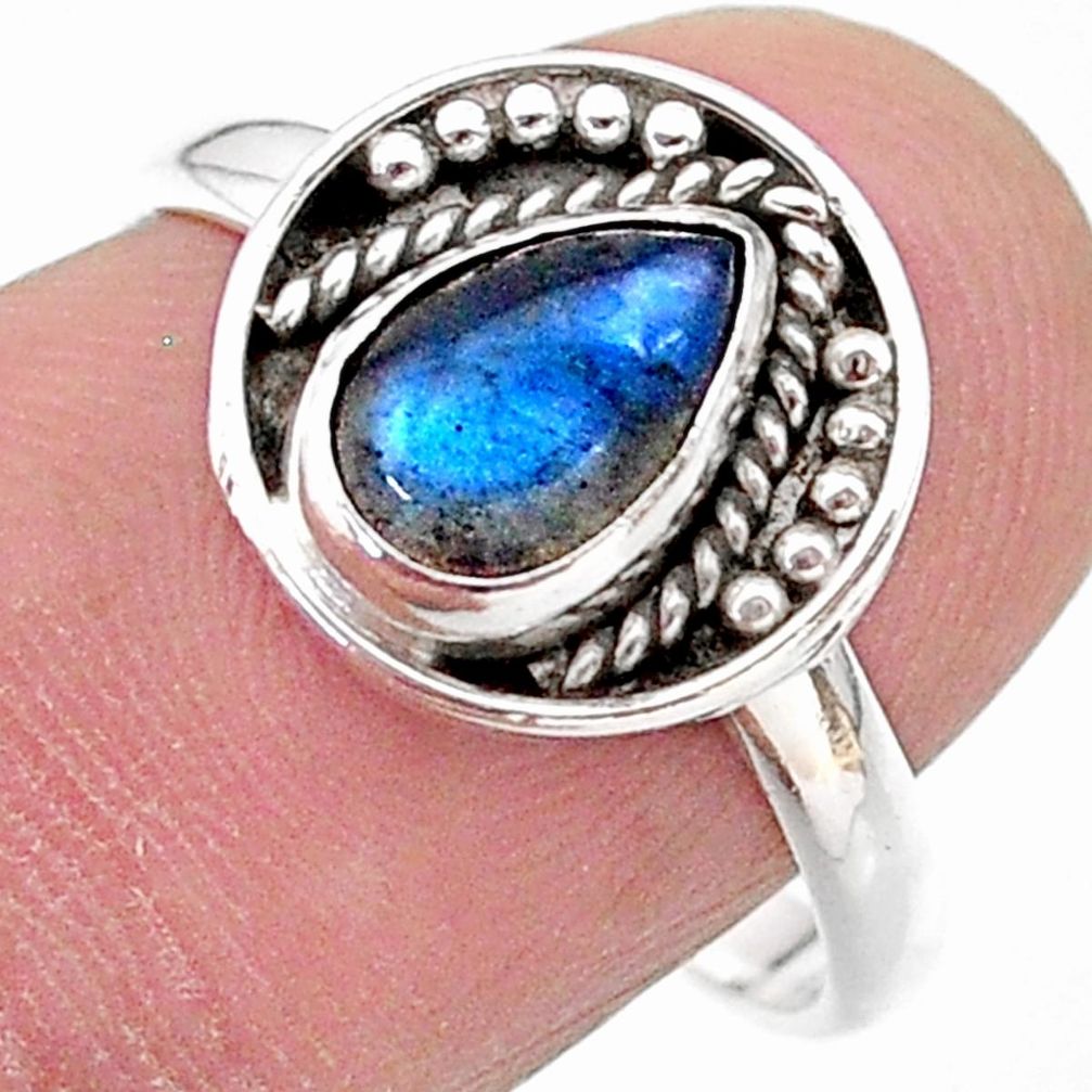 2.45cts solitaire natural blue labradorite pear 925 silver ring size 8.5 t28376