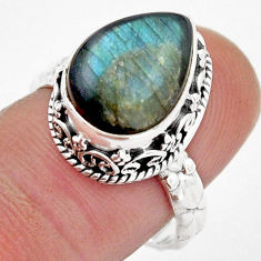 6.09cts solitaire natural blue labradorite pear 925 silver ring size 8.5 y2938