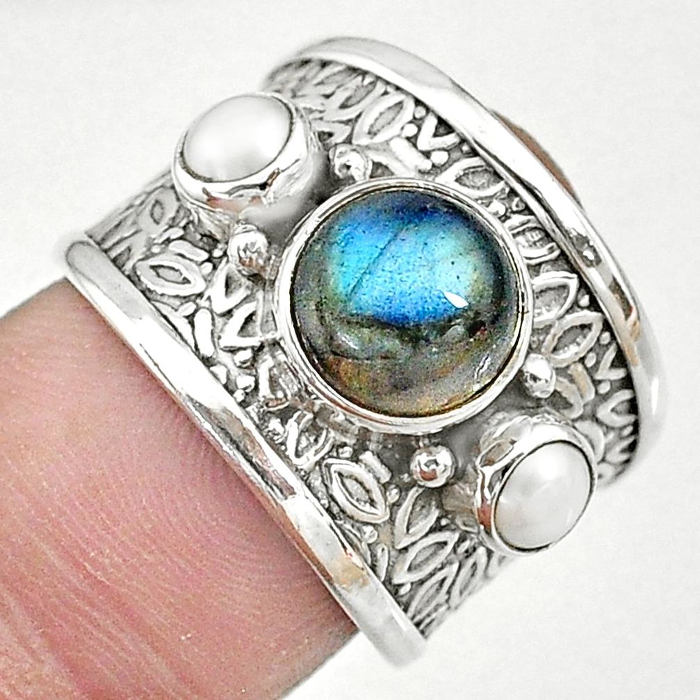 5.35cts solitaire natural blue labradorite pearl 925 silver ring size 7 t10378