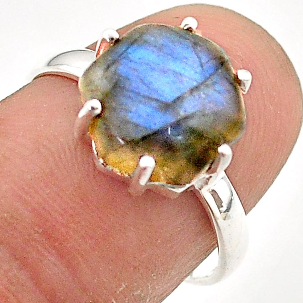 4.98cts solitaire natural blue labradorite silver hexagon ring size 6.5 t67235