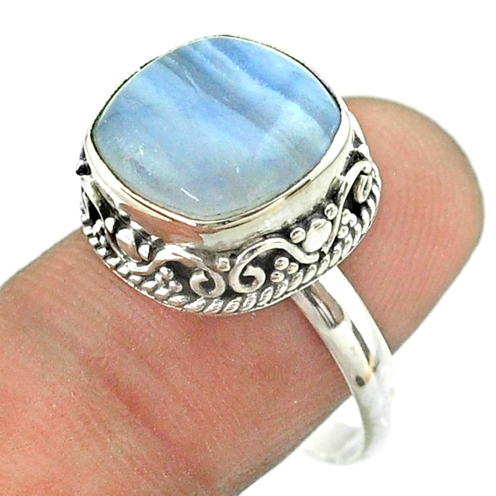 6.83cts solitaire natural blue lace agate cushion silver ring size 8.5 t55863