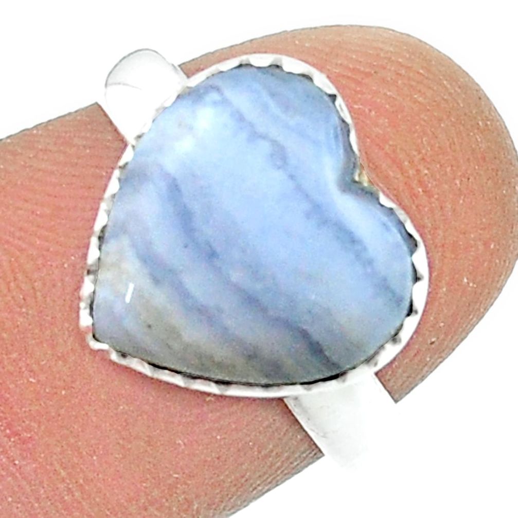 5.71cts solitaire natural blue lace agate heart 925 silver ring size 7 u45974