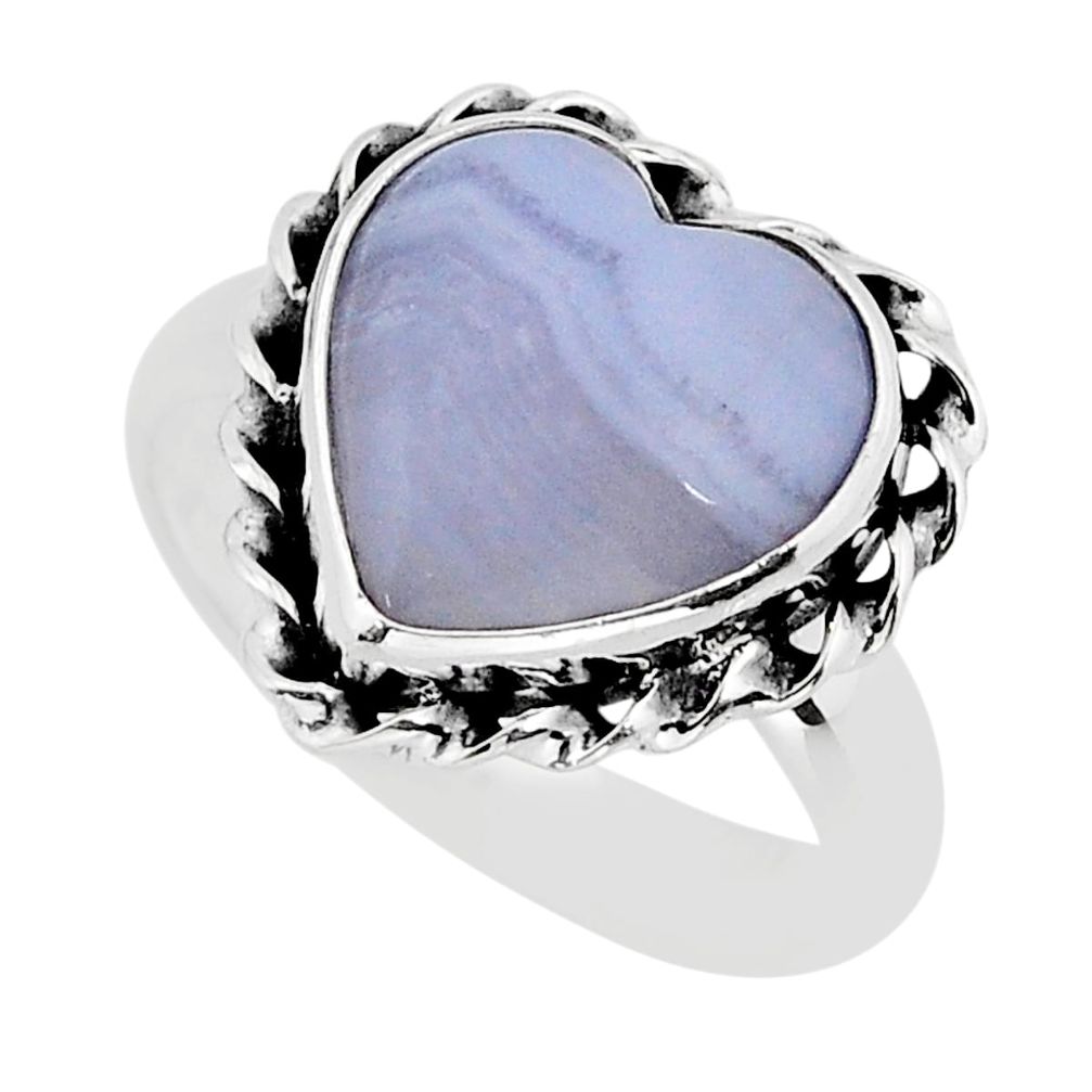 6.31cts solitaire natural blue lace agate heart 925 silver ring size 8 y75813