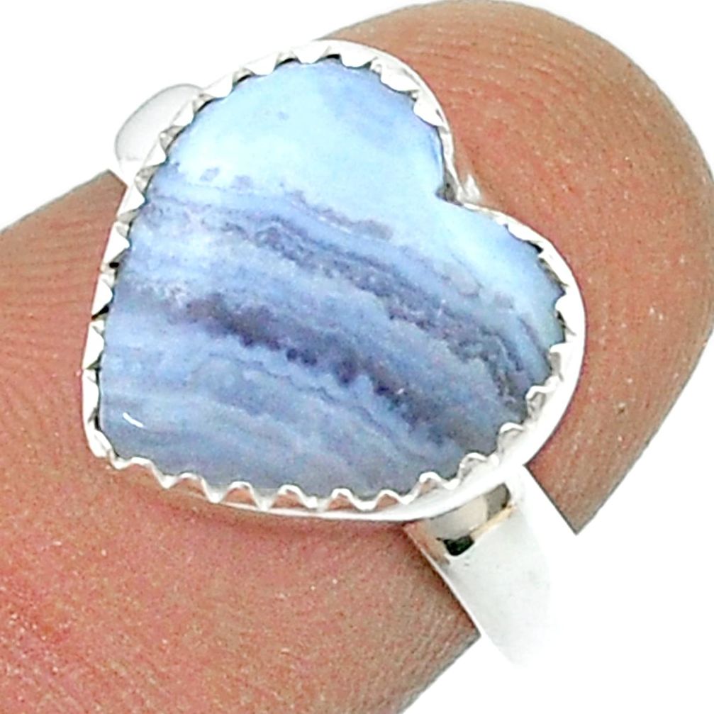 5.87cts solitaire natural blue lace agate heart 925 silver ring size 6.5 u45975