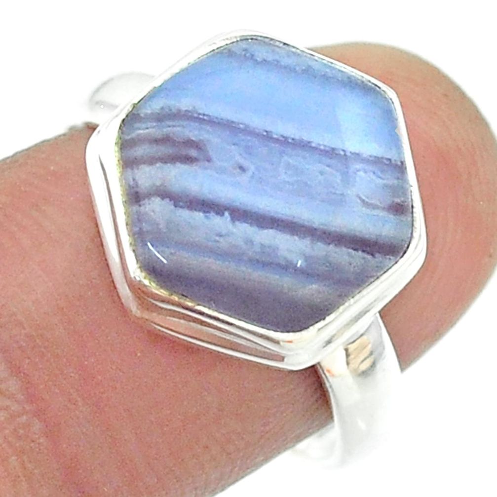 6.47cts solitaire natural blue lace agate silver hexagon ring size 8 t55136