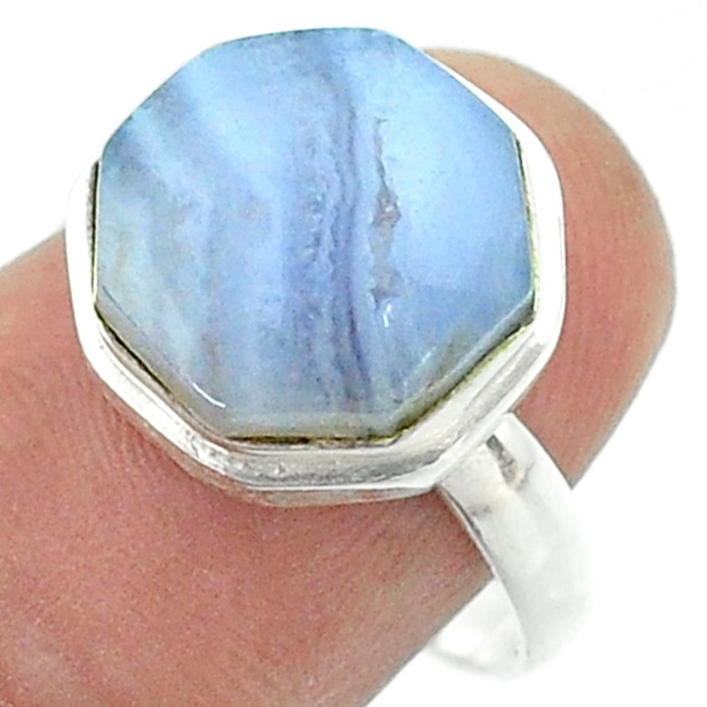 5.82cts solitaire natural blue lace agate silver hexagon ring size 8 t55947