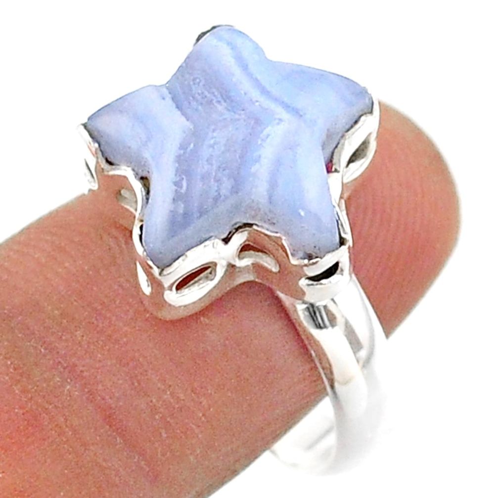 6.58cts solitaire natural blue lace agate silver star fish ring size 8.5 t63516