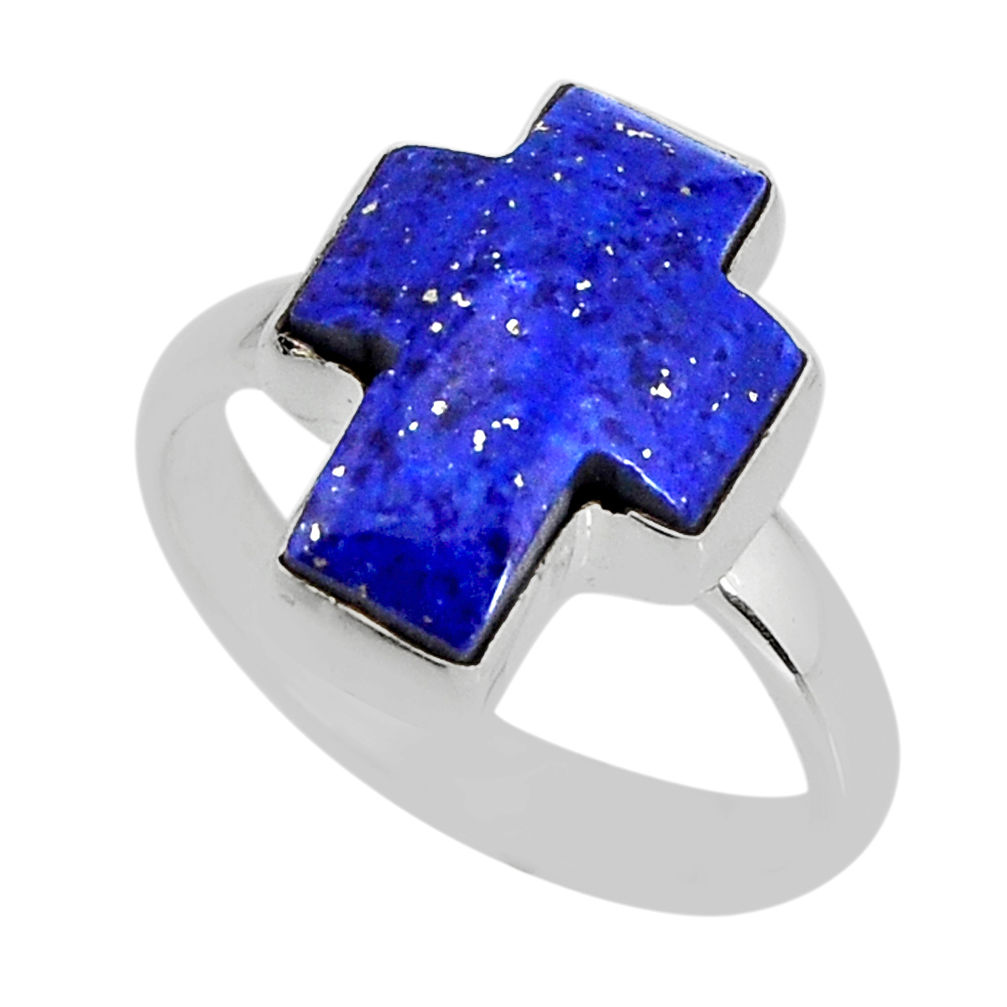 9.08cts solitaire natural blue lapis lazuli silver cross ring size 8.5 y77378