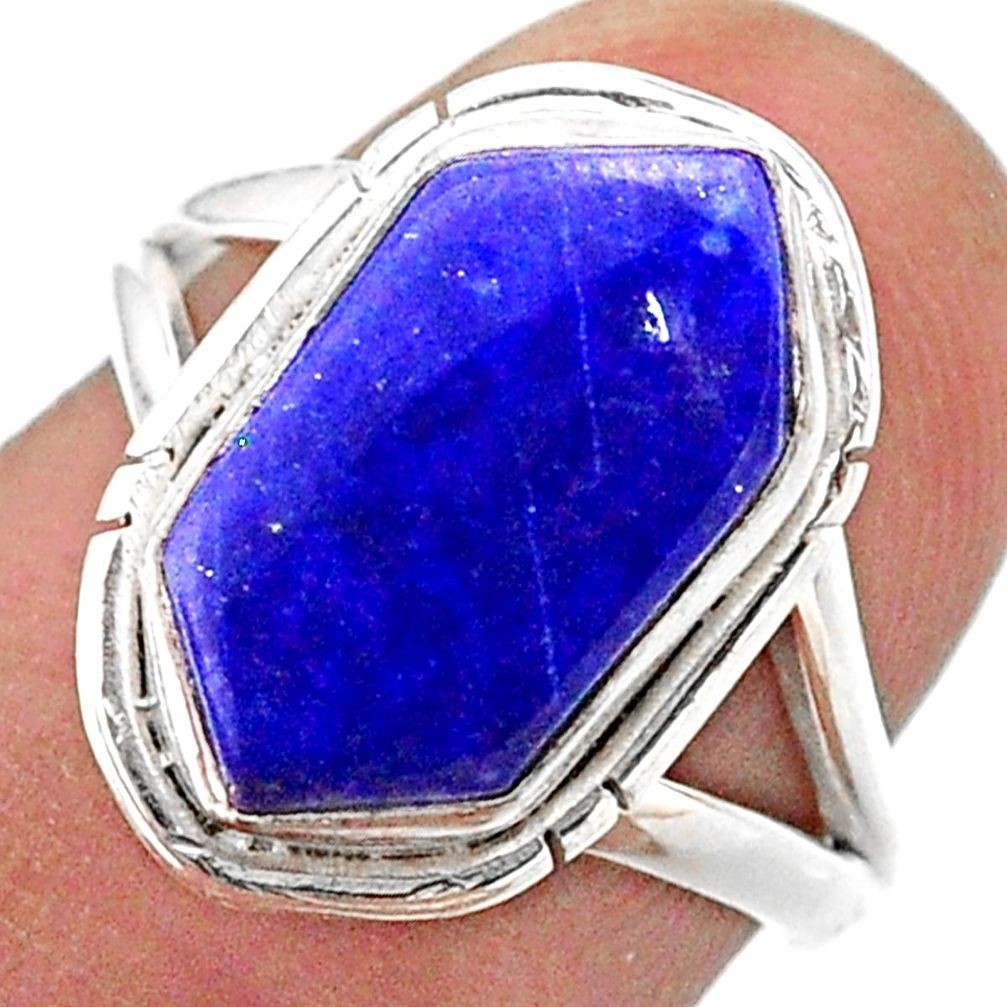 5.54cts solitaire natural blue lapis lazuli silver hexagon ring size 7 t48509