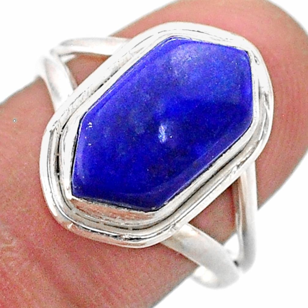 5.54cts solitaire natural blue lapis lazuli silver hexagon ring size 8 t48504