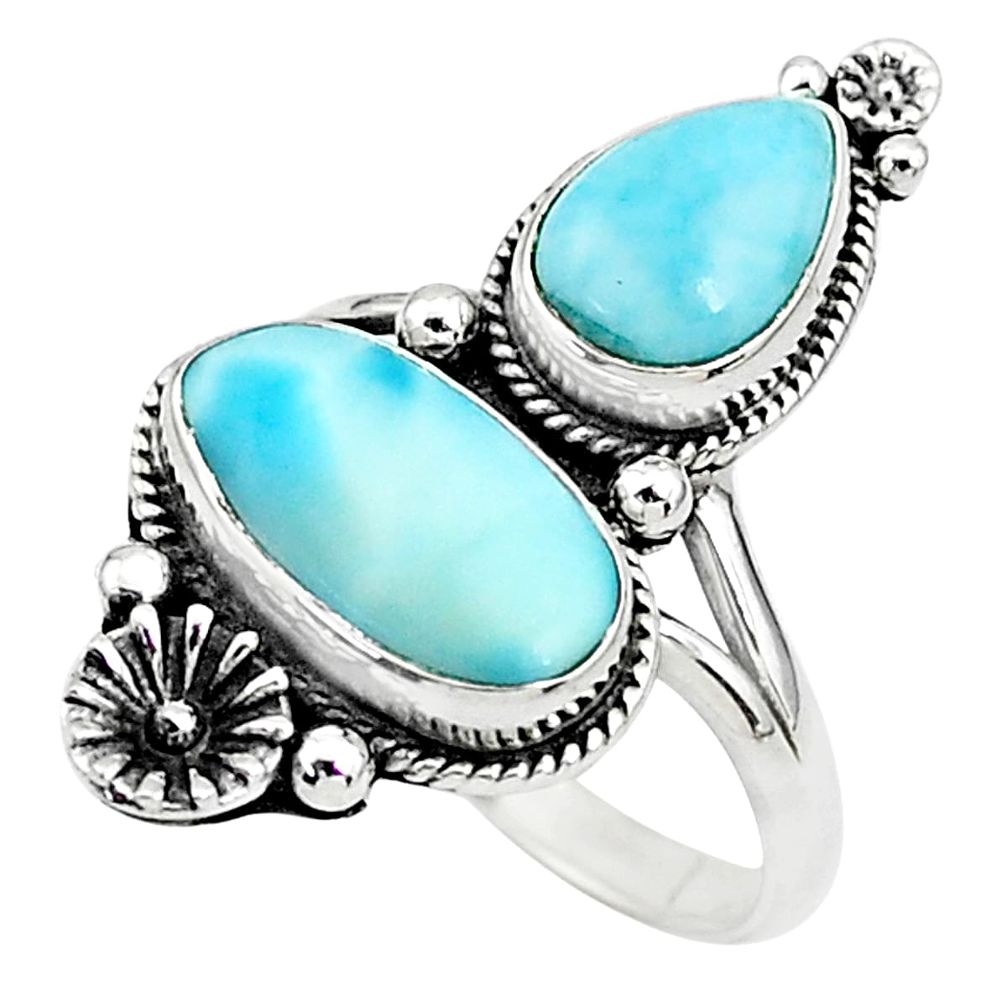 6.62cts solitaire natural blue larimar 925 silver flower ring size 8.5 t6426