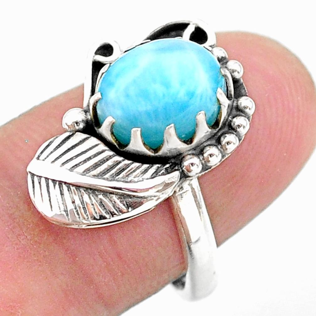 3.23cts solitaire natural blue larimar 925 silver leaf ring size 8 t25141