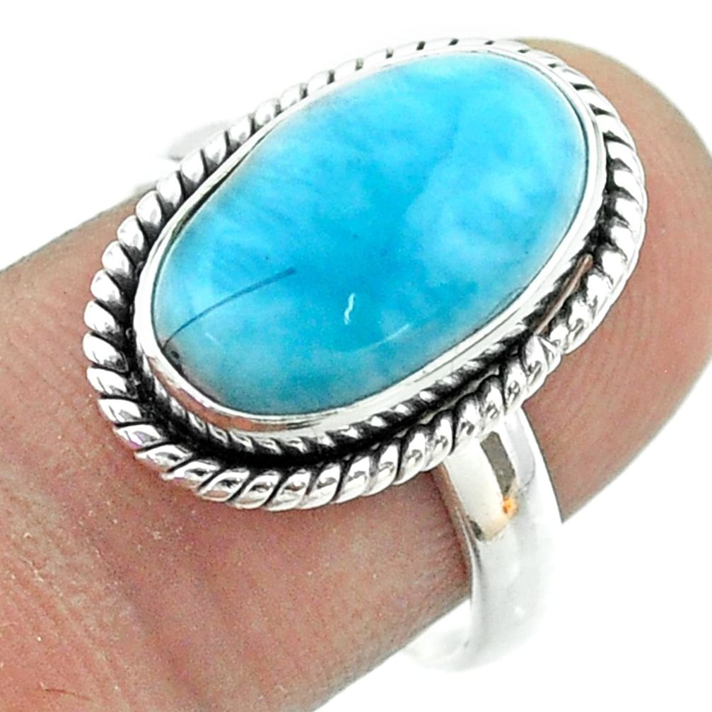 6.58cts solitaire natural blue larimar 925 sterling silver ring size 7.5 t56379