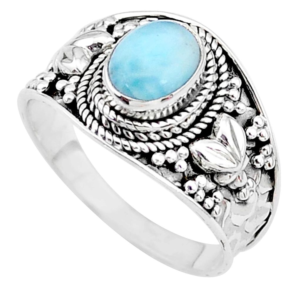 1.99cts solitaire natural blue larimar oval shape silver ring size 9.5 t10224