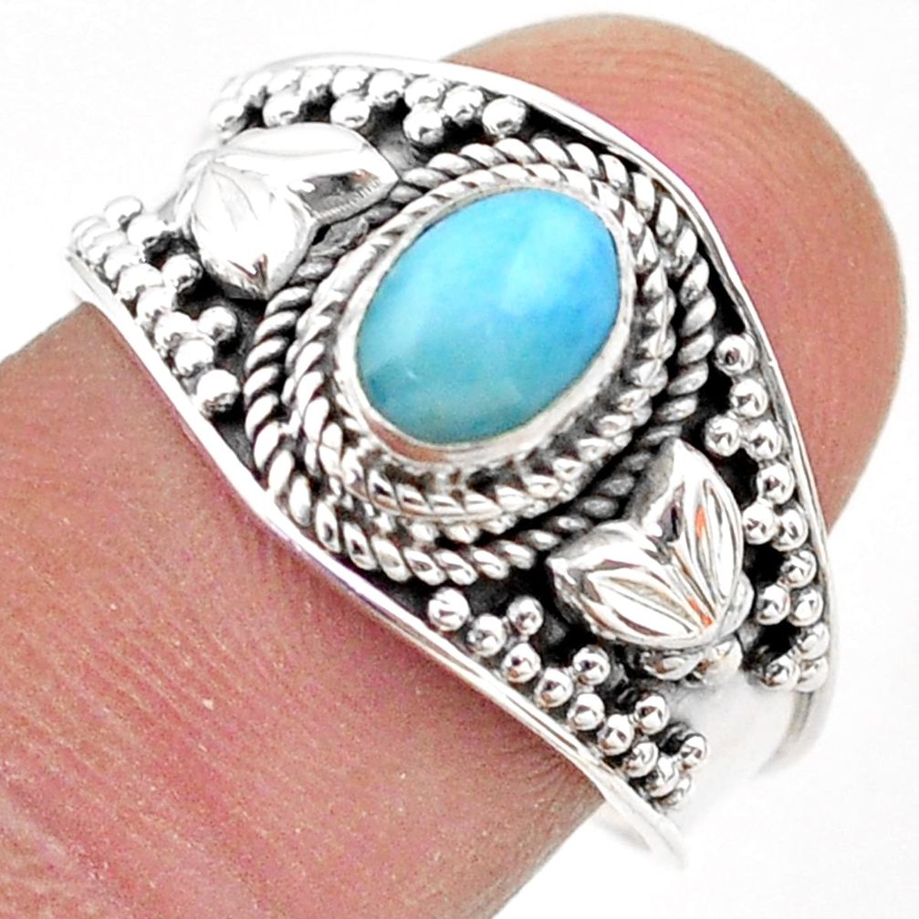 1.48cts solitaire natural blue larimar oval shape silver ring size 8.5 t75583