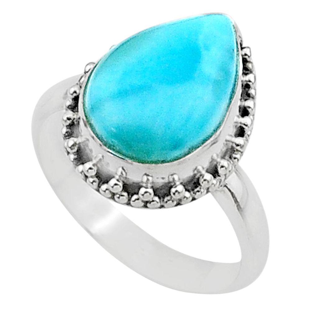 5.80cts solitaire natural blue larimar pear 925 silver ring size 8 t24347