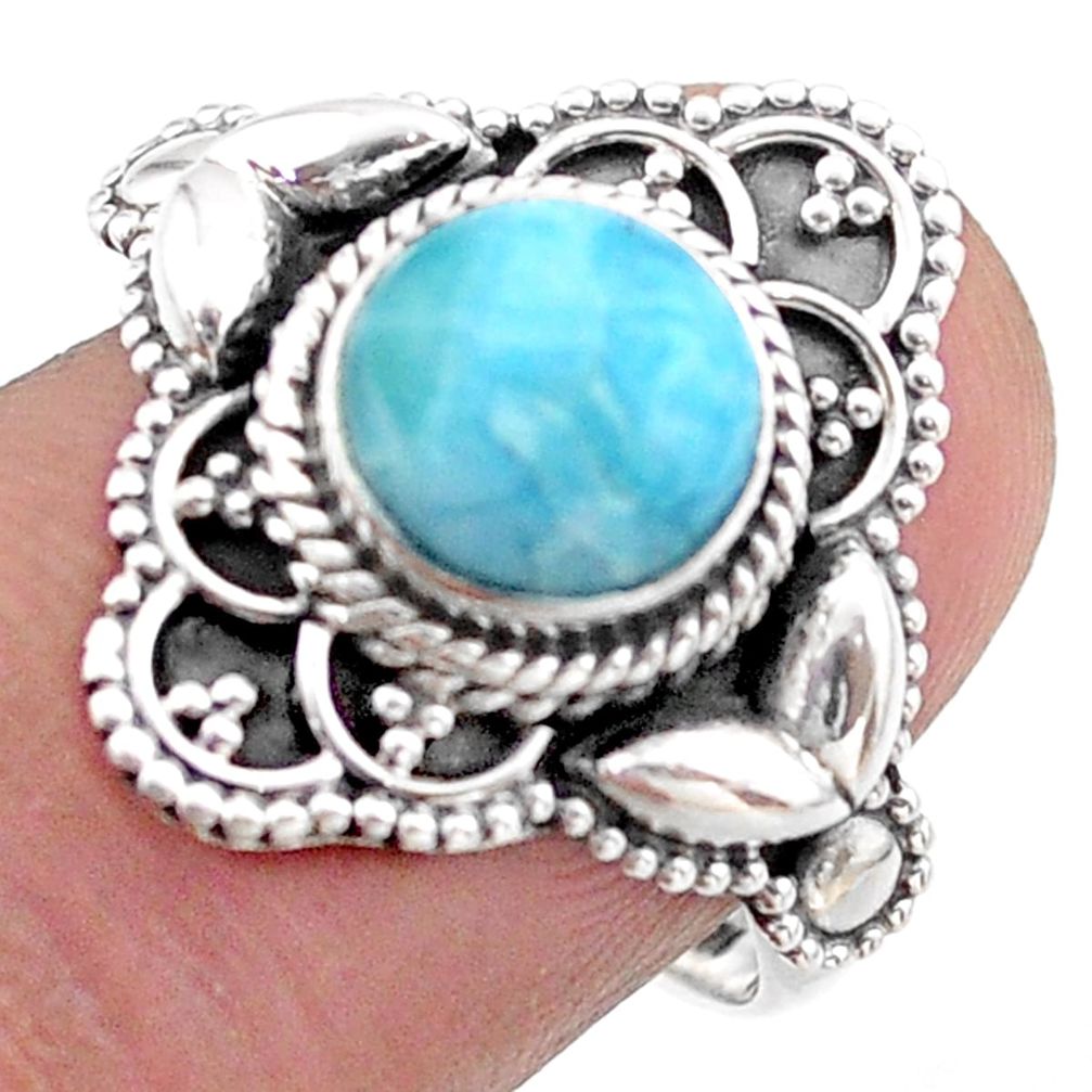 3.28cts solitaire natural blue larimar round sterling silver ring size 8 t46123