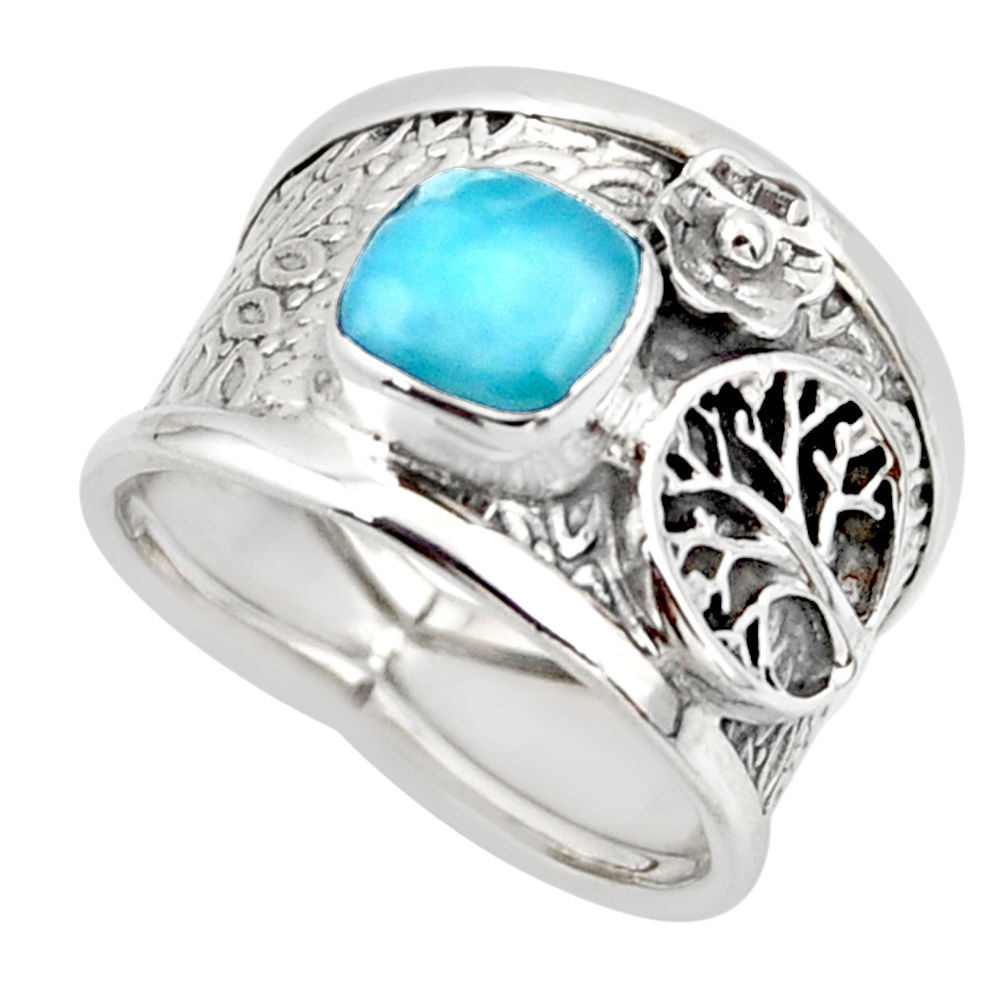2.46cts solitaire natural blue larimar silver tree of life ring size 7 r49869