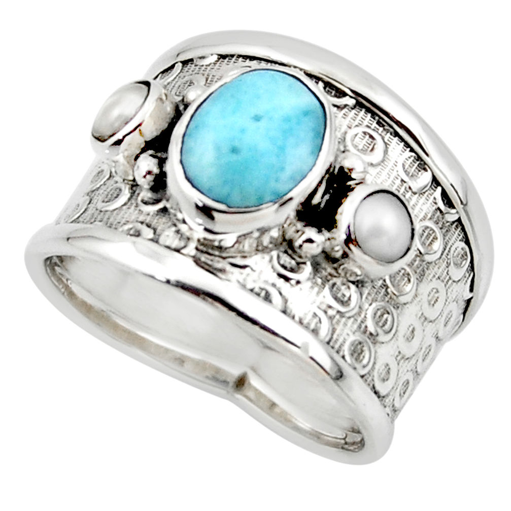 4.73cts solitaire natural blue larimar white pearl 925 silver ring size 8 r49862