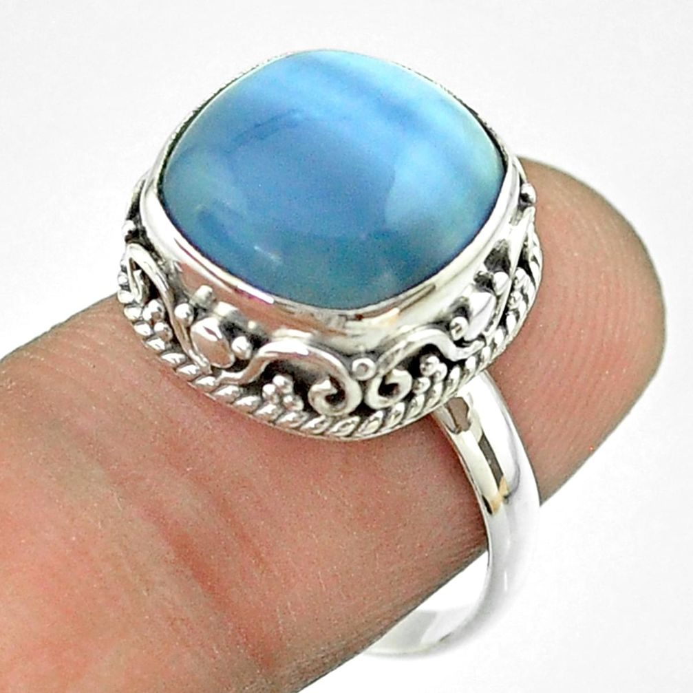 6.29cts solitaire natural blue owyhee opal cushion 925 silver ring size 8 t55862