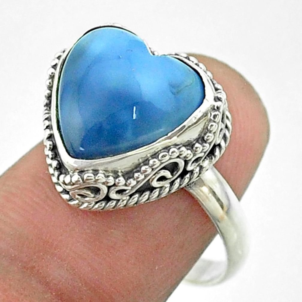 5.84cts solitaire natural blue owyhee opal heart 925 silver ring size 8 t55919