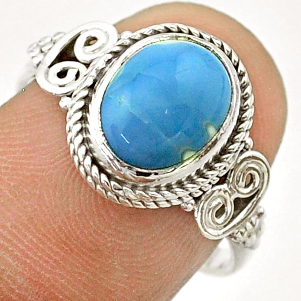 4.21cts solitaire natural blue owyhee opal oval 925 silver ring size 7.5 t57487