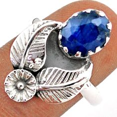 3.28cts solitaire natural blue sapphire oval silver flower ring size 8.5 t86648