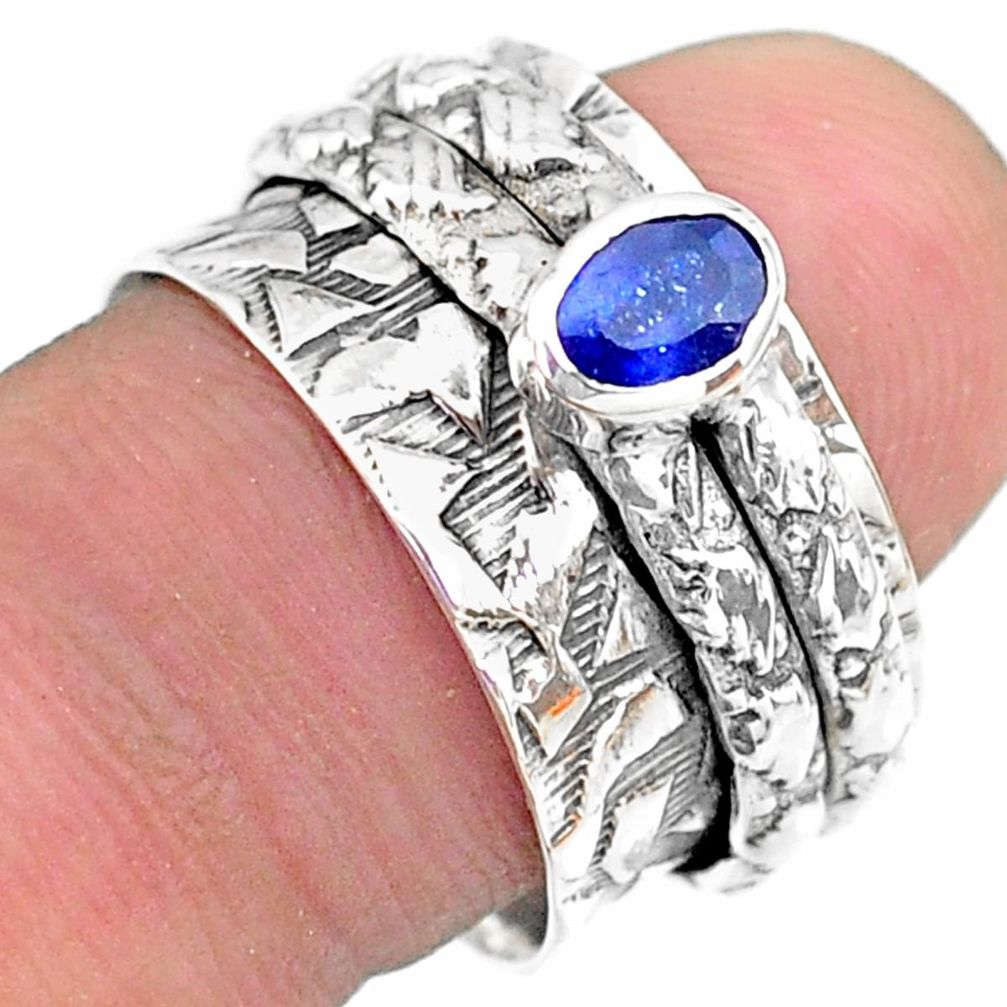 0.74cts solitaire natural blue sapphire oval silver spinner ring size 8 t31749