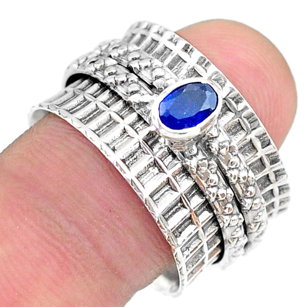 0.77cts solitaire natural blue sapphire oval silver spinner ring size 8.5 t31464