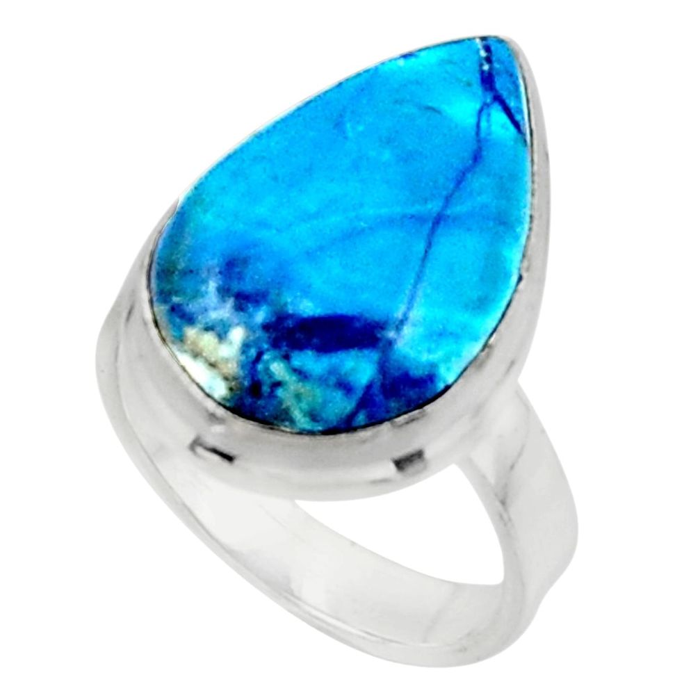 11.07cts solitaire natural blue shattuckite pear 925 silver ring size 7.5 r50632