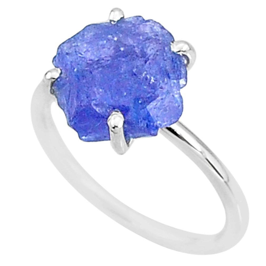 5.51cts solitaire natural blue tanzanite raw 925 silver ring size 7 t6841