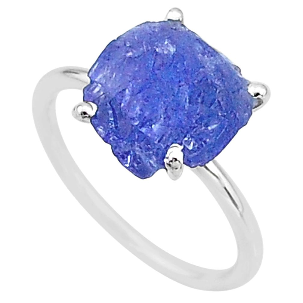 6.68cts solitaire natural blue tanzanite raw 925 silver ring size 8 t6832
