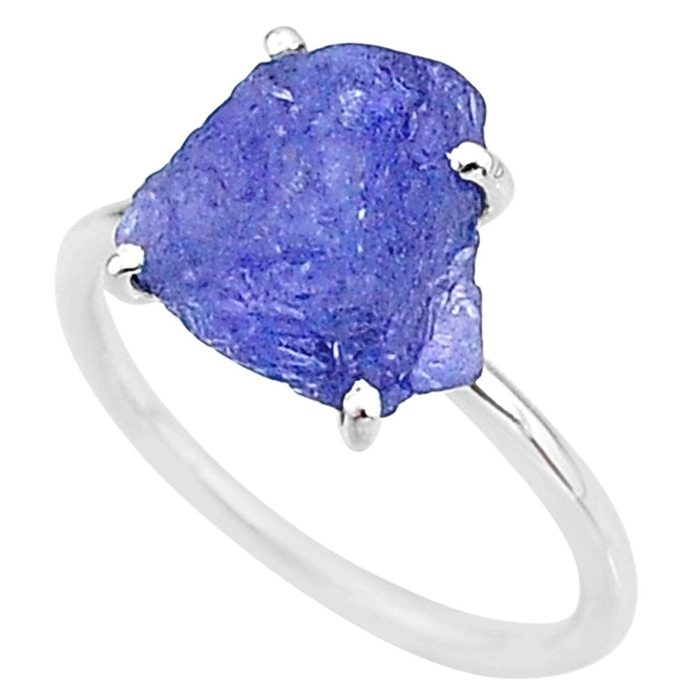 6.70cts solitaire natural blue tanzanite raw 925 silver ring size 8 t6840