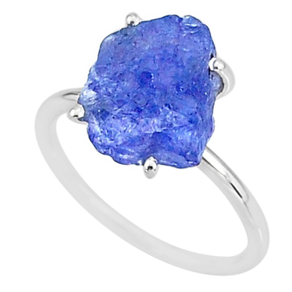 5.39cts solitaire natural blue tanzanite raw 925 silver ring size 8 t6844