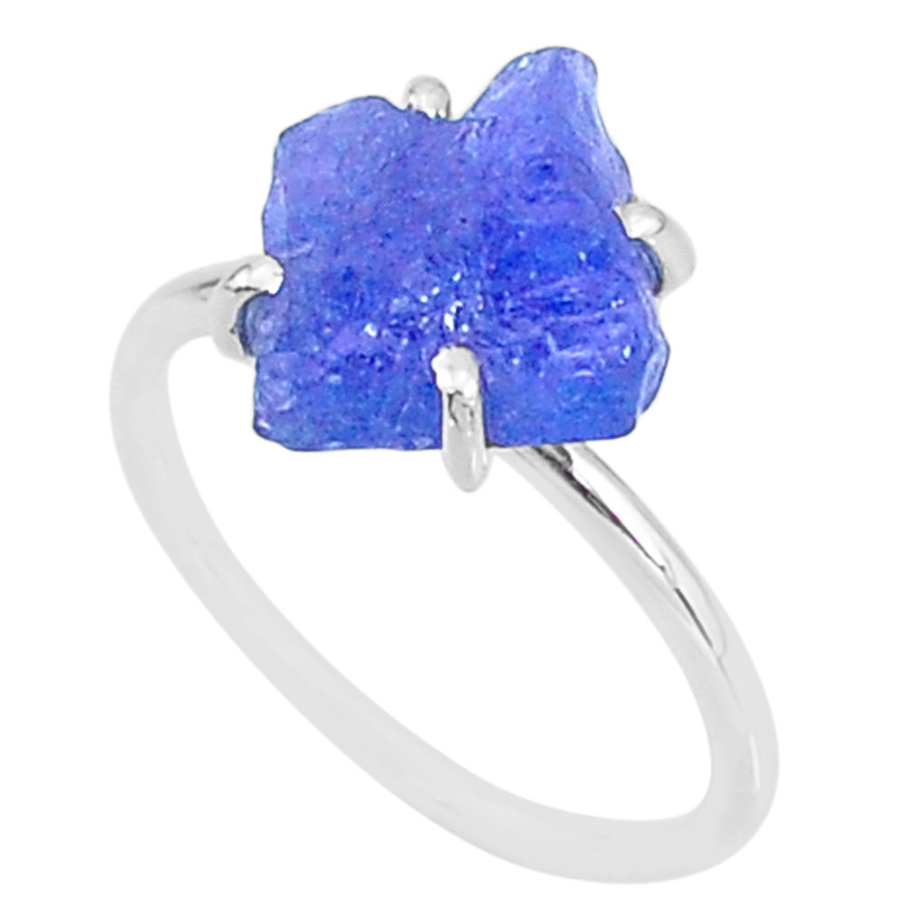 5.86cts solitaire natural blue tanzanite raw 925 silver ring size 8 t6848