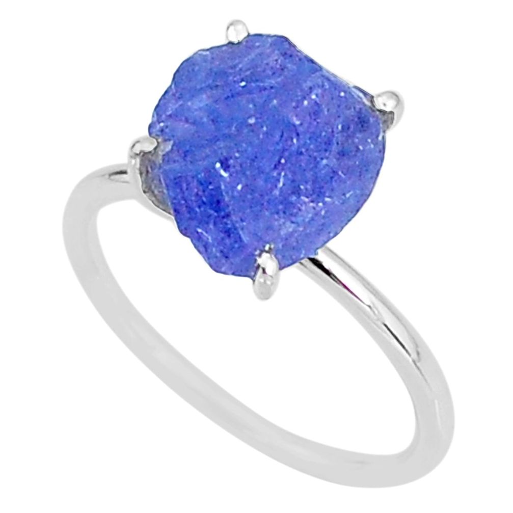 6.19cts solitaire natural blue tanzanite raw 925 silver ring size 8 t6860