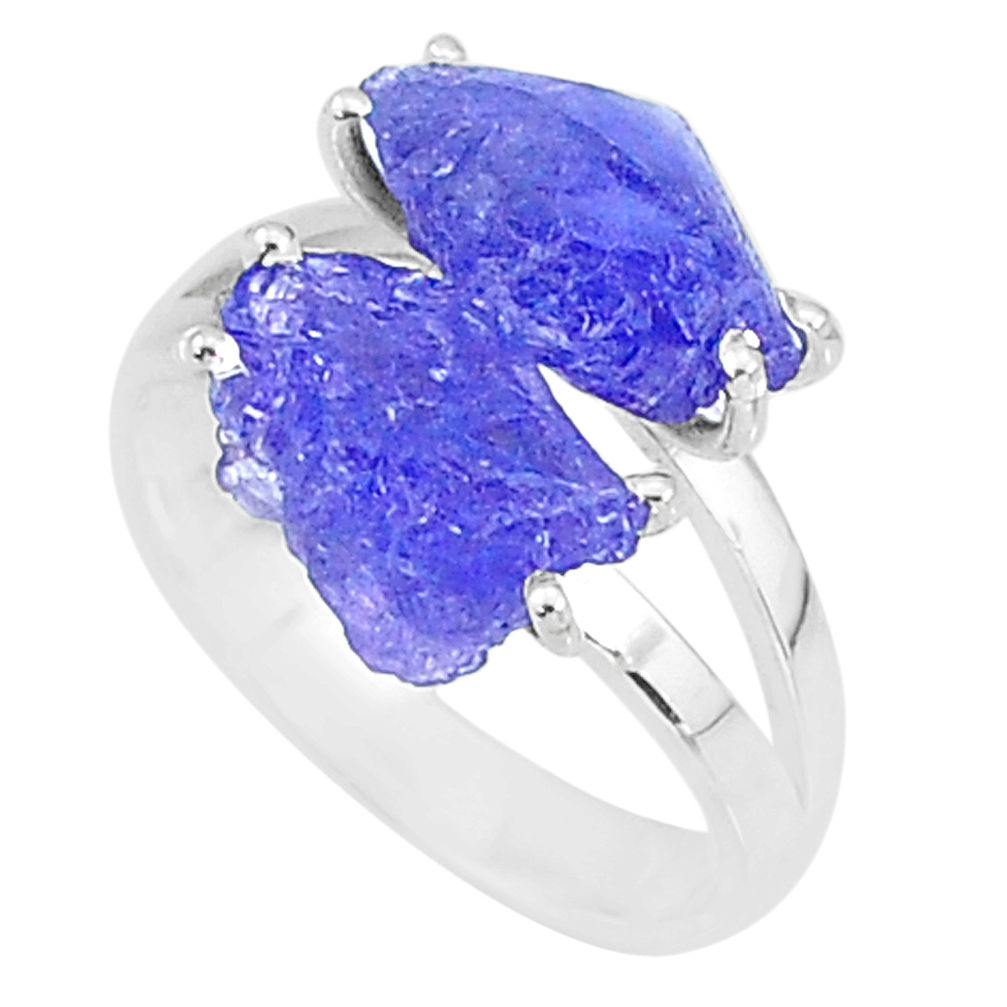 9.29cts solitaire natural blue tanzanite raw 925 silver ring size 8 t6927