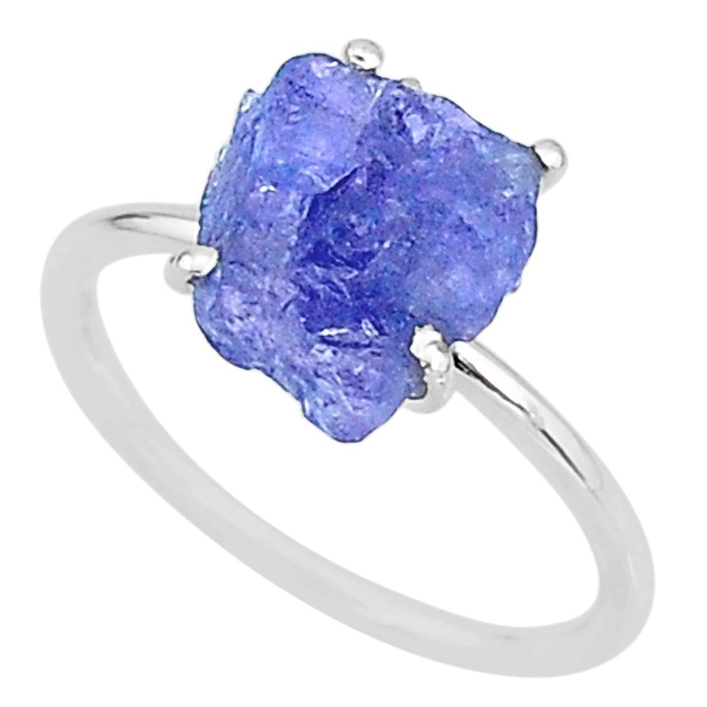 5.82cts solitaire natural blue tanzanite raw 925 silver ring size 9 t6837