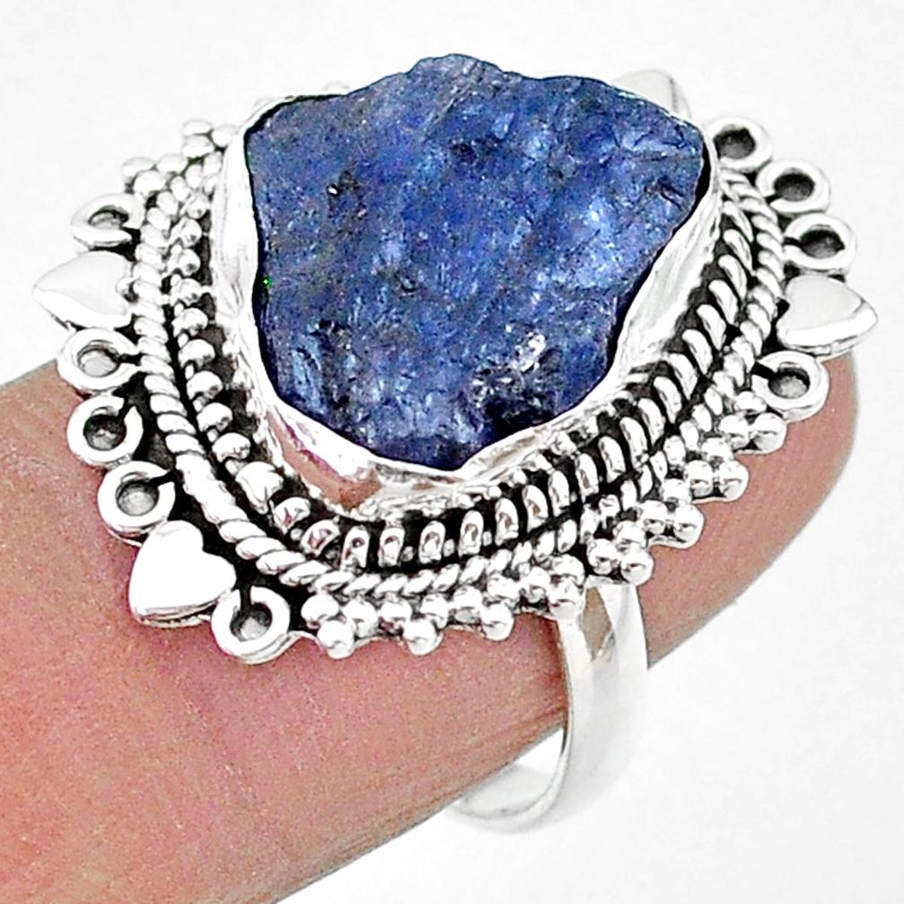 11.66cts solitaire natural blue tanzanite raw 925 silver ring size 7.5 t17775