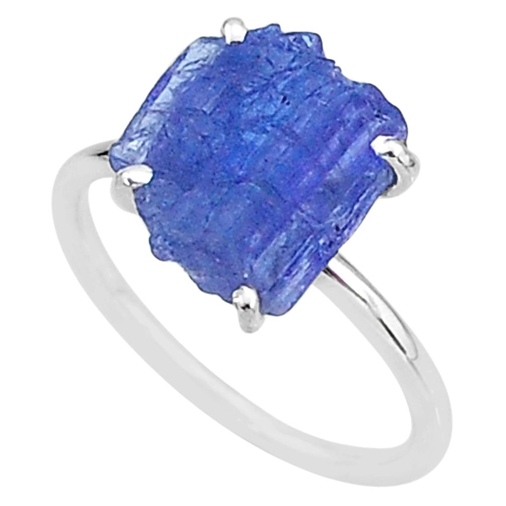 6.21cts solitaire natural blue tanzanite raw 925 silver ring size 7.5 t6822