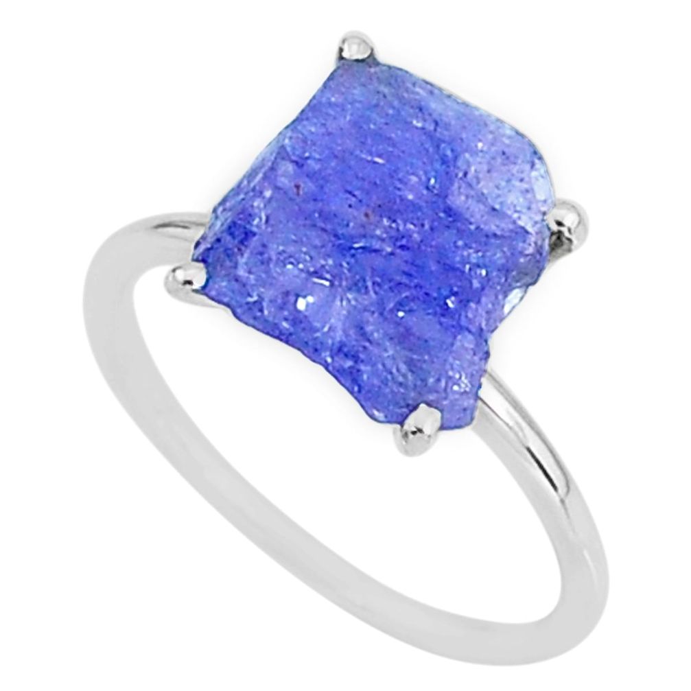 5.51cts solitaire natural blue tanzanite raw 925 silver ring size 8.5 t6853