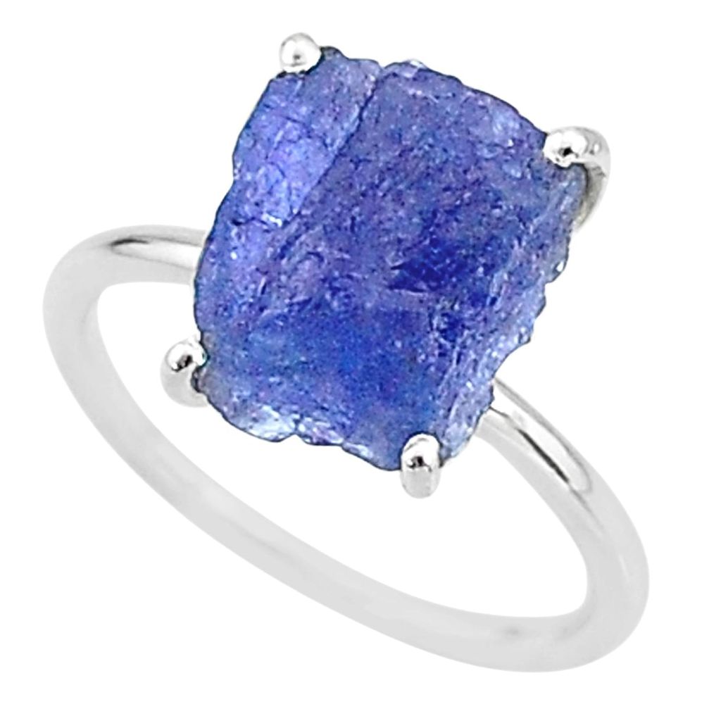 6.21cts solitaire natural blue tanzanite raw fancy silver ring size 7 t6838