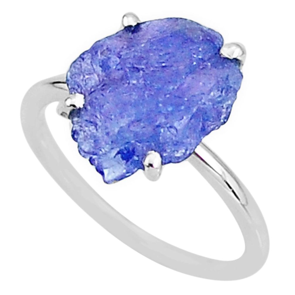 5.88cts solitaire natural blue tanzanite raw fancy silver ring size 7 t6849