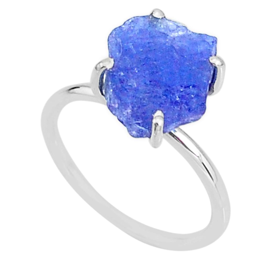 6.19cts solitaire natural blue tanzanite raw fancy silver ring size 7 t6856