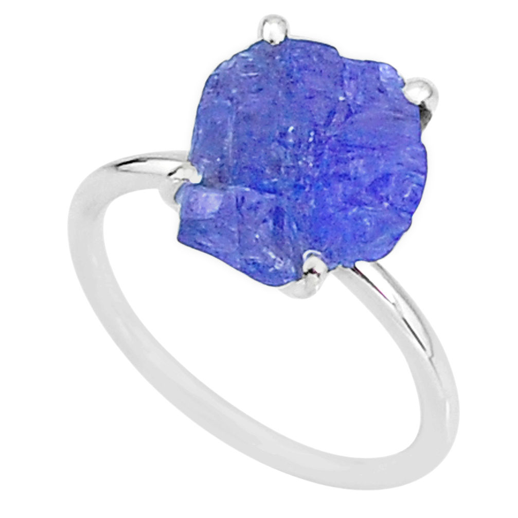 6.21cts solitaire natural blue tanzanite raw fancy silver ring size 7 t6859